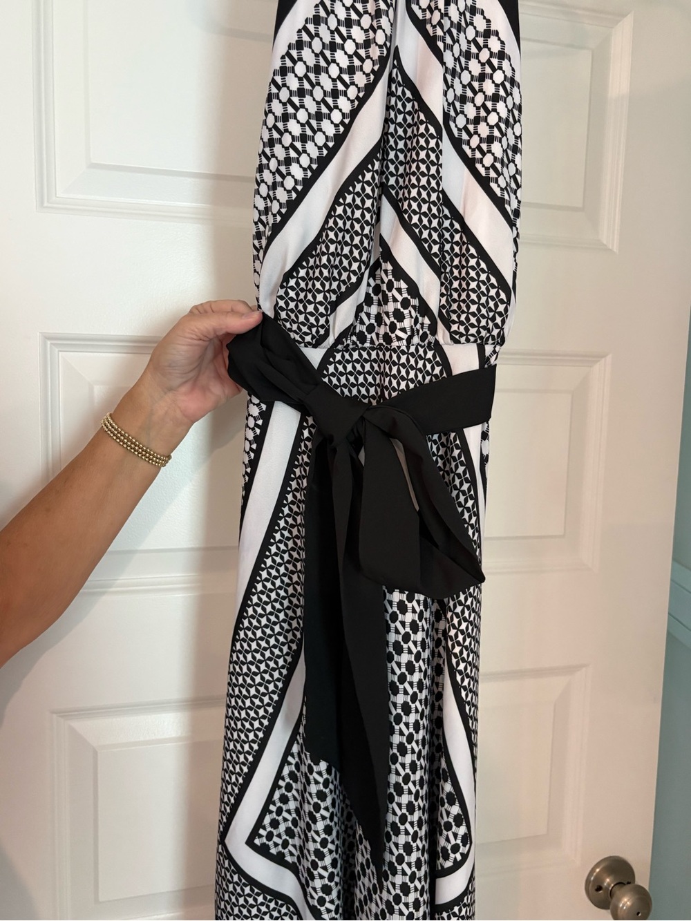 Black & White Patterned Halter Dress with Waist Tie